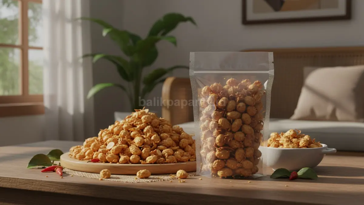 Kacang bawang gurih renyah tahan lama, cocok dijual kemasan modern untuk berbagai kalangan pembeli harian.
