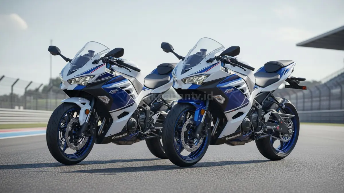 Kawasaki Ninja ZX-25RR dan ZX-6R 2026 tampil dengan livery baru putih biru yang sporty dan agresif. (BTV/Ai)