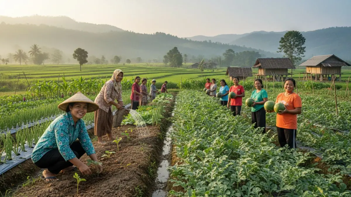 Kebun tumpangsari tradisional membantu ibu-ibu desa menghasilkan sayur segar sekaligus menambah penghasilan keluarga. (BTV/Ai)