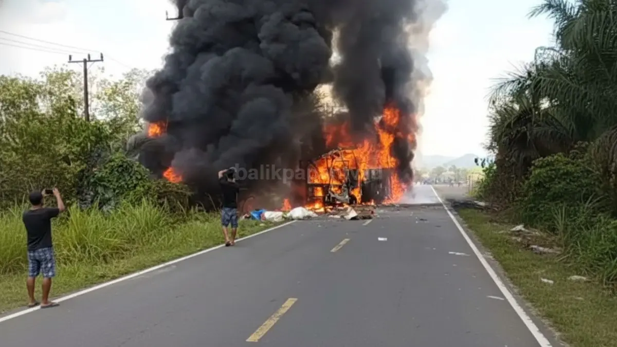 kendaraan bus ALS dan truk tangki terbakar usai tabrakan hebat di Karang Jaya