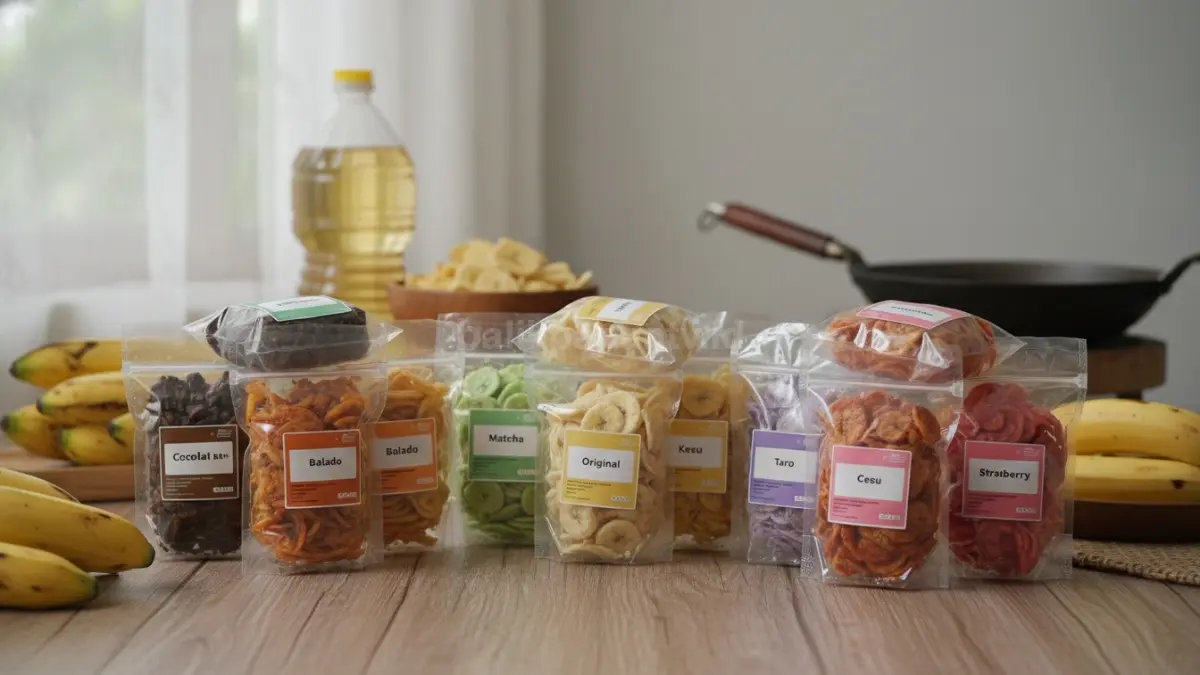 Keripik pisang aneka rasa murah, tahan lama, mudah dijual, cocok untuk usaha camilan rumahan kekinian.
