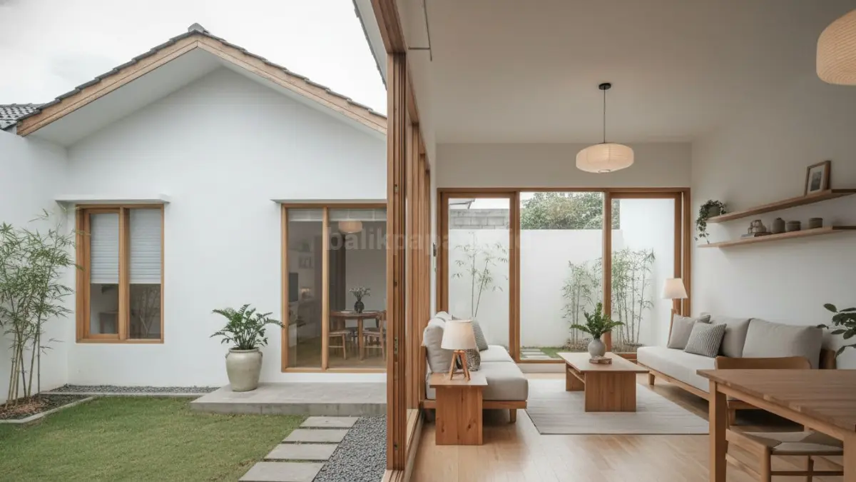 Konsep Japandi rumah 6x8 tampil minimalis, nyaman, terang alami, cocok untuk hunian mungil modern sehari-hari.
