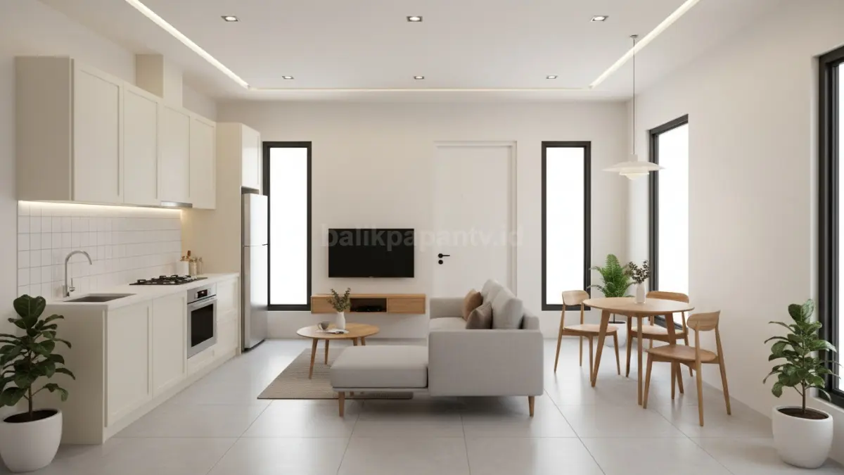 Konsep open space dengan dapur linear membuat rumah terasa lega, modern, nyaman, dan fungsional harian.
