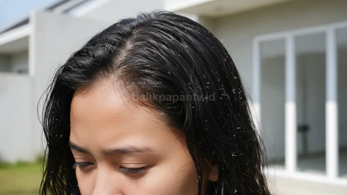 Kulit kepala berminyak dan serpihan ketombe terlihat jelas di rambut hitam saat cuaca panas
