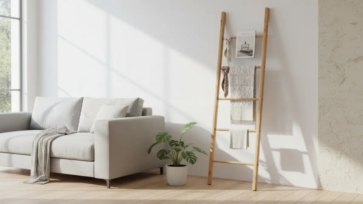 Ladder Rack Kayu Natural untuk Ruang Santai (BTV/Ai)
