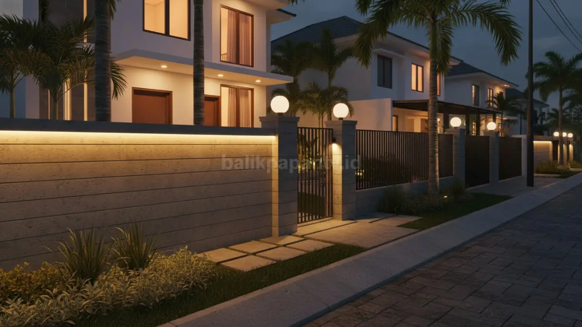 Lampu pagar modern warm white pada rumah minimalis tropis dengan suasana malam yang nyaman dan estetik. (BTV/Ai)