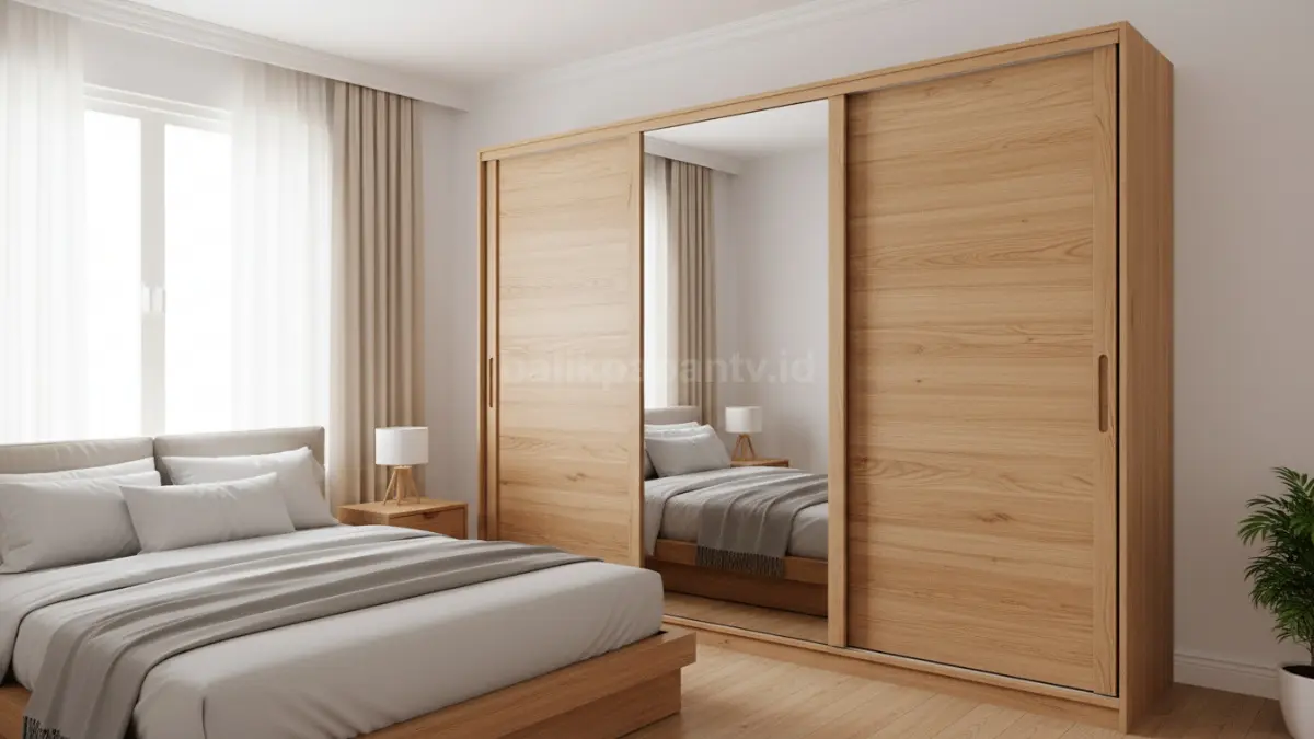 Lemari sliding door minimalis modern dengan nuansa kayu natural untuk kamar compact (BTV/Ai)