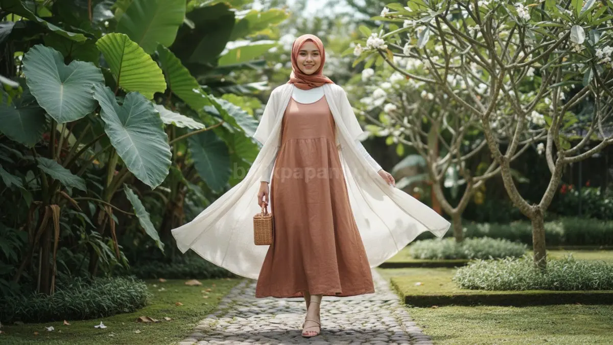 Midi dress hijabers dengan layering manset dan outer ringan terlihat nyaman dipakai seharian.
