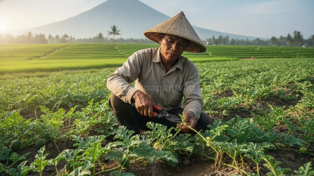 Pangkas sulur semangka agar energi tanaman fokus membesarkan buah lebih sehat dan berkualitas maksimal.

