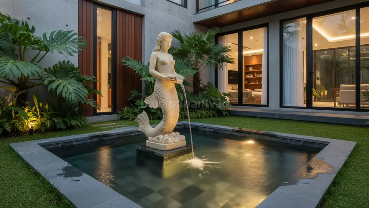 Patung Putri Duyung Batu Alam dengan Kolam Persegi
