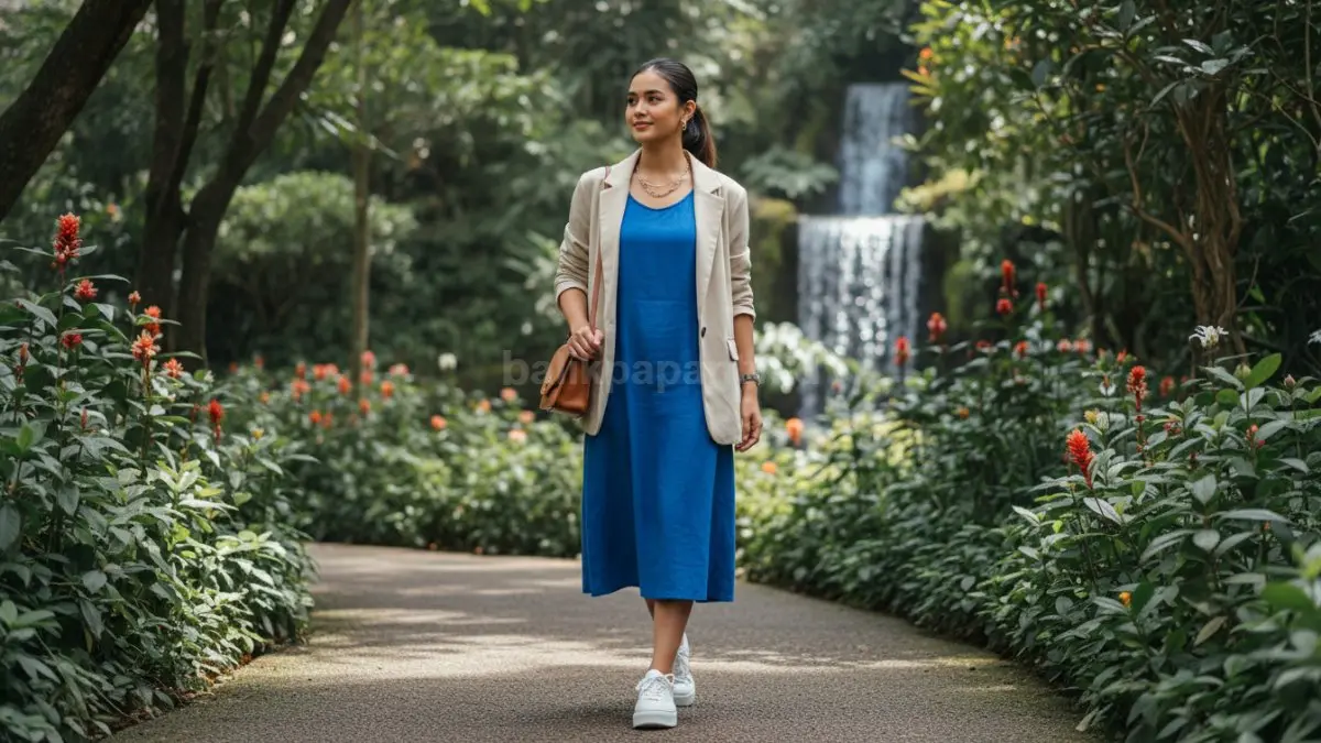 Perpaduan midi dress dengan sneakers dan blazer tampil stylish untuk aktivitas santai hingga formal.