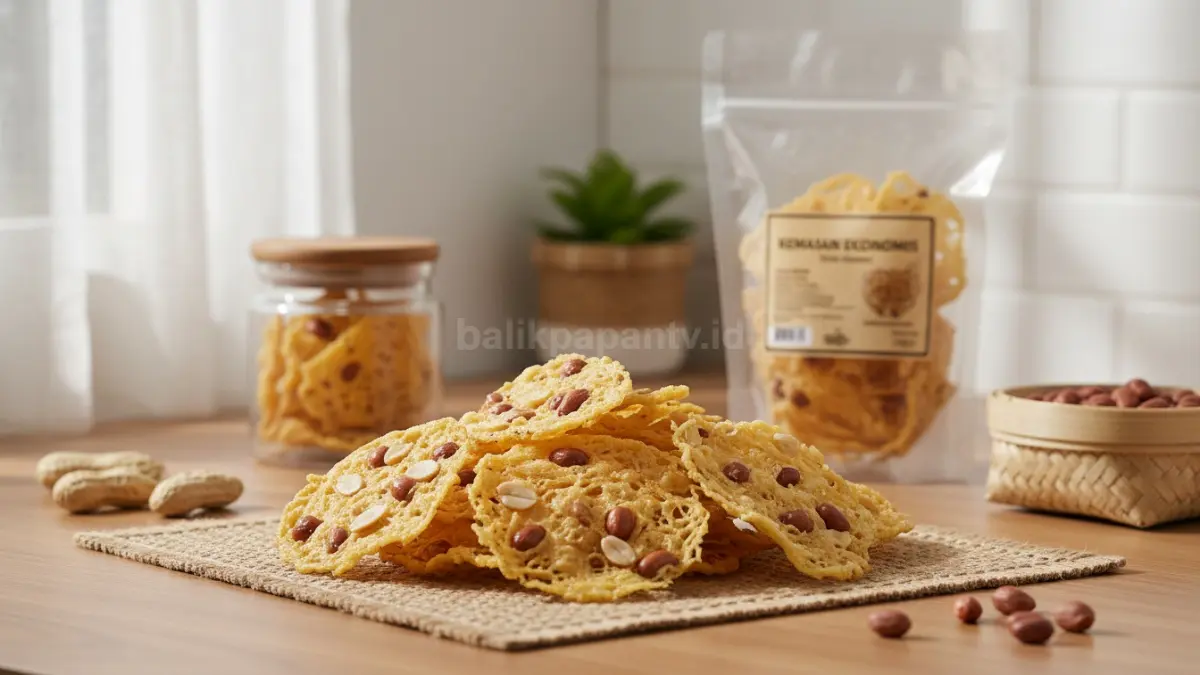 Peyek kacang tipis gurih renyah, camilan tradisional ringan, cocok dijual kemasan ekonomis modern kekinian.
