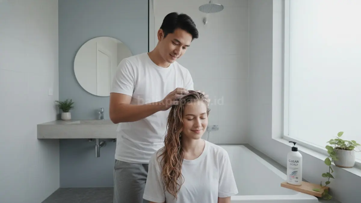 Pria dan wanita sedang merawat rambut berketombe dengan sampo khusus di kamar mandi rumah minimalis
