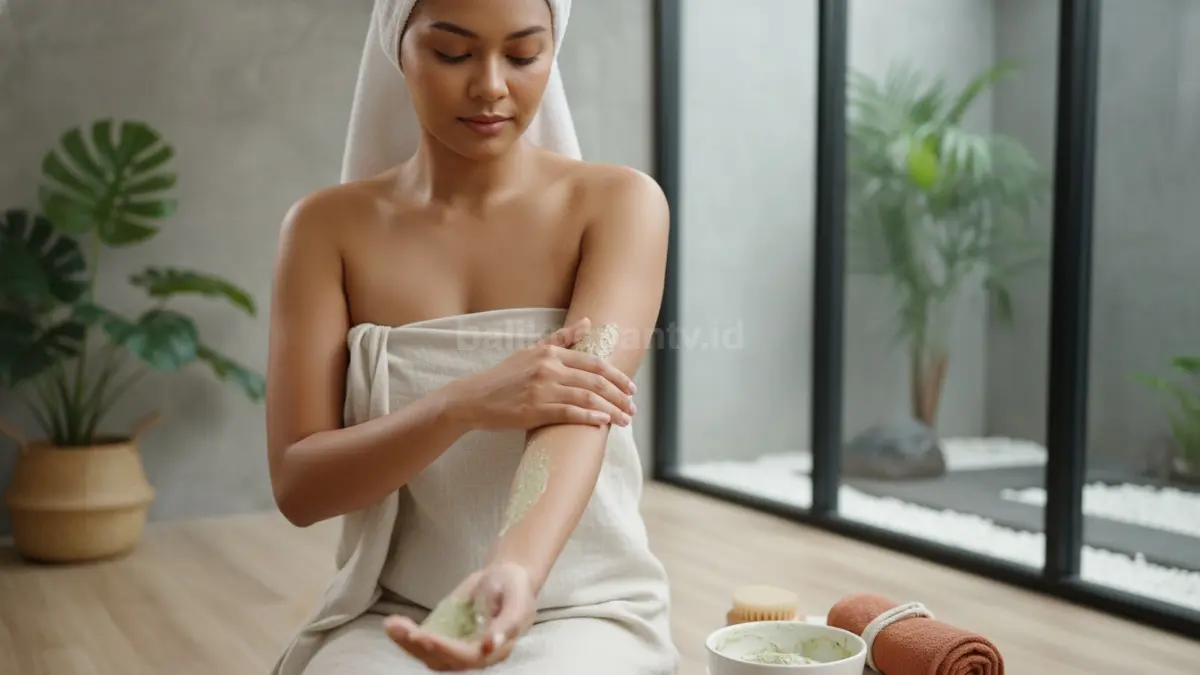 Proses eksfoliasi lembut memakai scrub tubuh untuk membantu mengangkat sel kulit mati di siku
