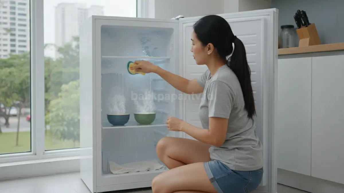 Proses membersihkan freezer memakai mangkuk air hangat tanpa alat tajam yang merusak
