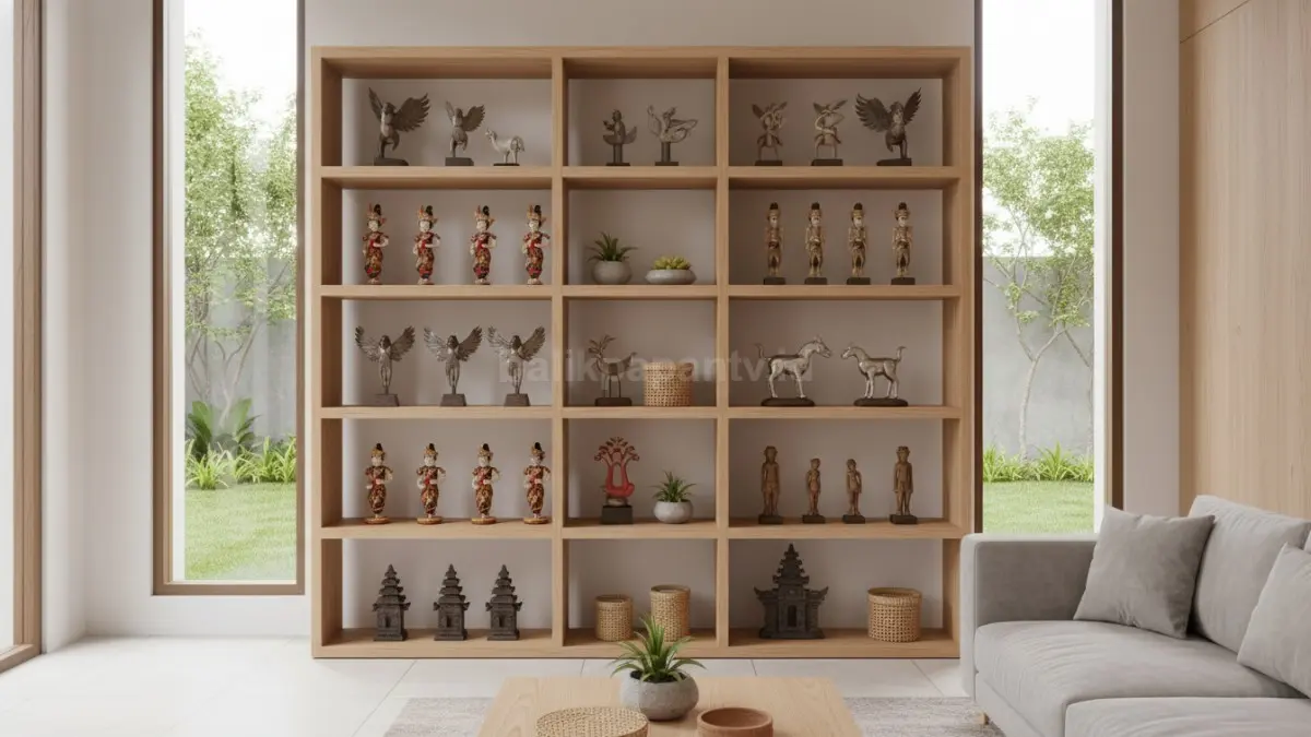 Rak figuran vertikal di kamar minimalis dengan susunan koleksi teratur dan nyaman dipandang

