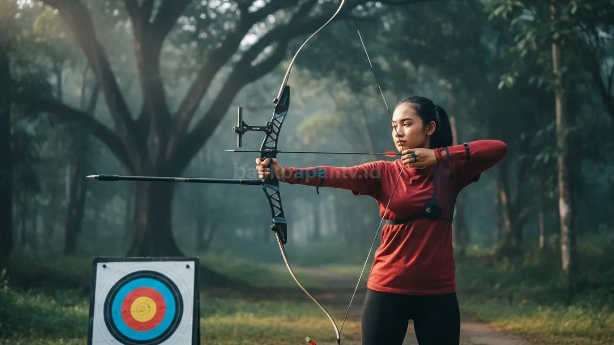 Recurve archery melatih stabilitas tubuh, konsentrasi, dan teknik tarikan presisi untuk latihan rutin pemula modern.  (BTV/Ai)
