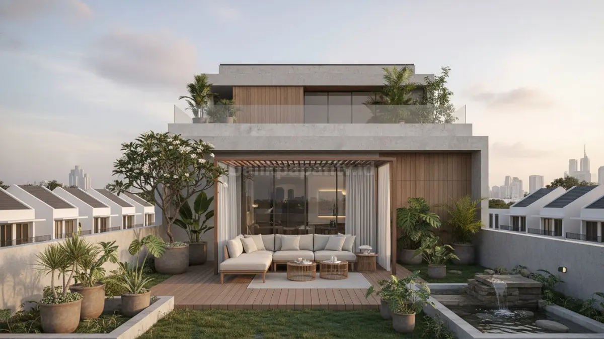 Rooftop garden minimalis modern dengan tanaman hijau dan area santai rumah urban. (BTV/Ai)