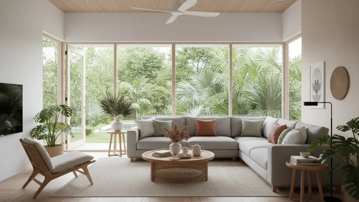 Ruang tamu modern tropis dengan sofa minimalis dan cahaya natural bikin rumah terasa adem, Ces. (BTV/Ai)