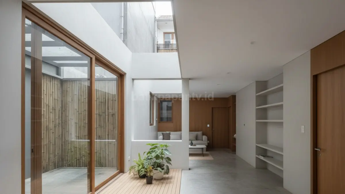 Rumah mini dengan void tengah terasa sejuk, terang alami, cocok lahan perkotaan minim ventilasi samping.
