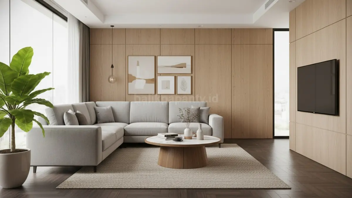 Sofa L-shape minimalis warna netral di ruang tamu modern (BTV/Ai)