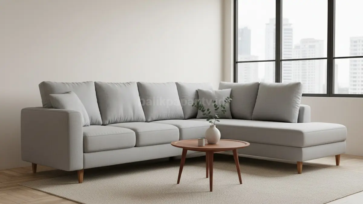 Sofa L-shape warna netral dengan kaki ramping (BTV/Ai)