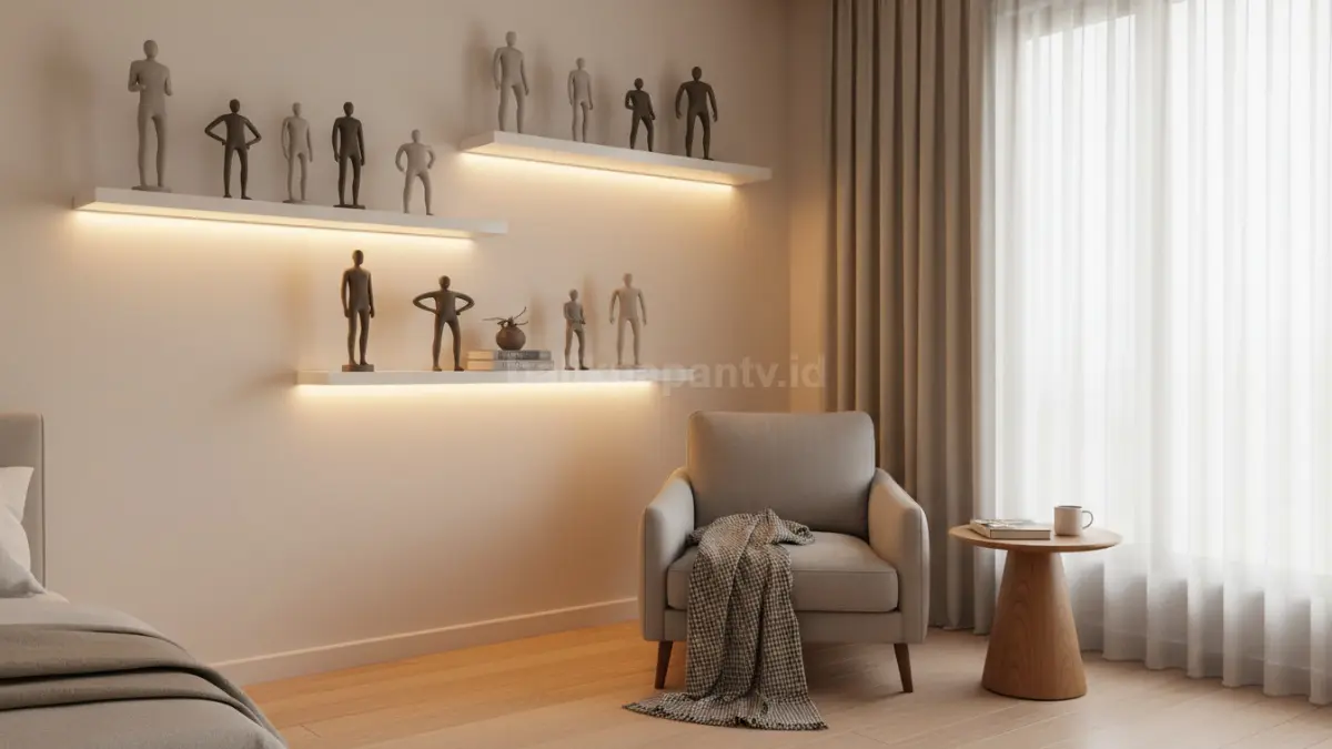 Sudut kamar minimalis dengan rak figuran estetik dan pencahayaan hangat yang tampil rapi modern
