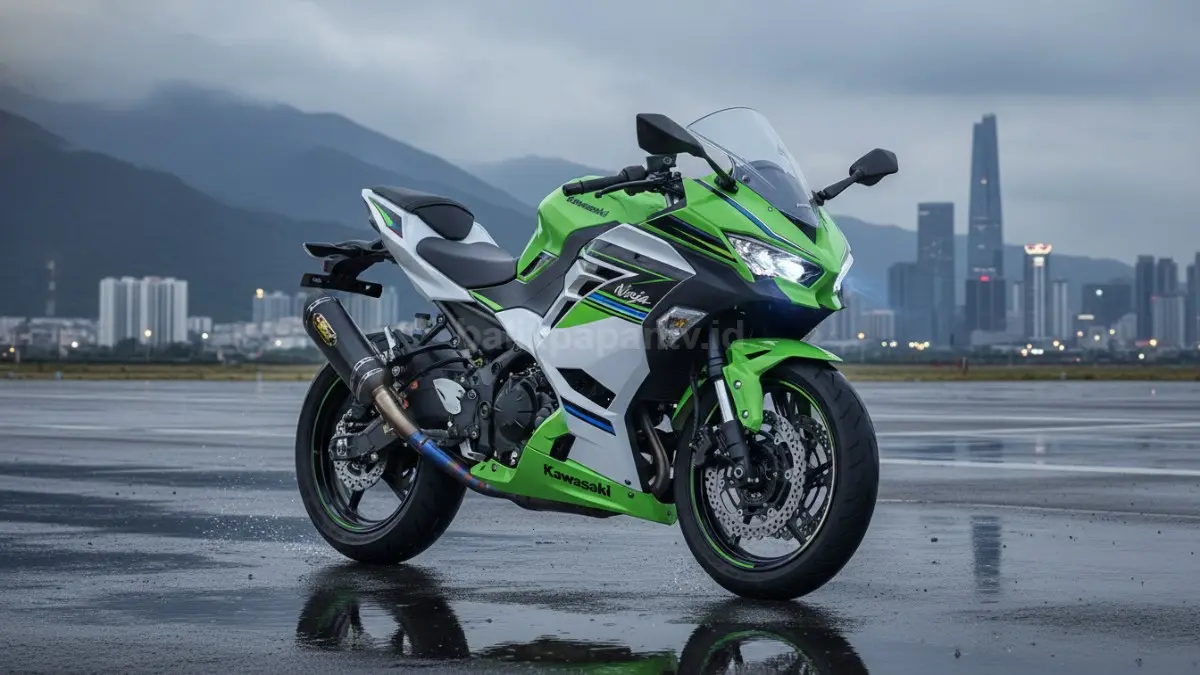Tampilan baru Kawasaki Ninja 2026 dengan kombinasi warna Lime Green, putih, dan biru yang mencolok. (BTV/Ai)