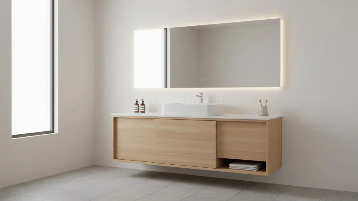 Vanity minimalis pintu sliding dengan cermin besar (BTV/Ai)