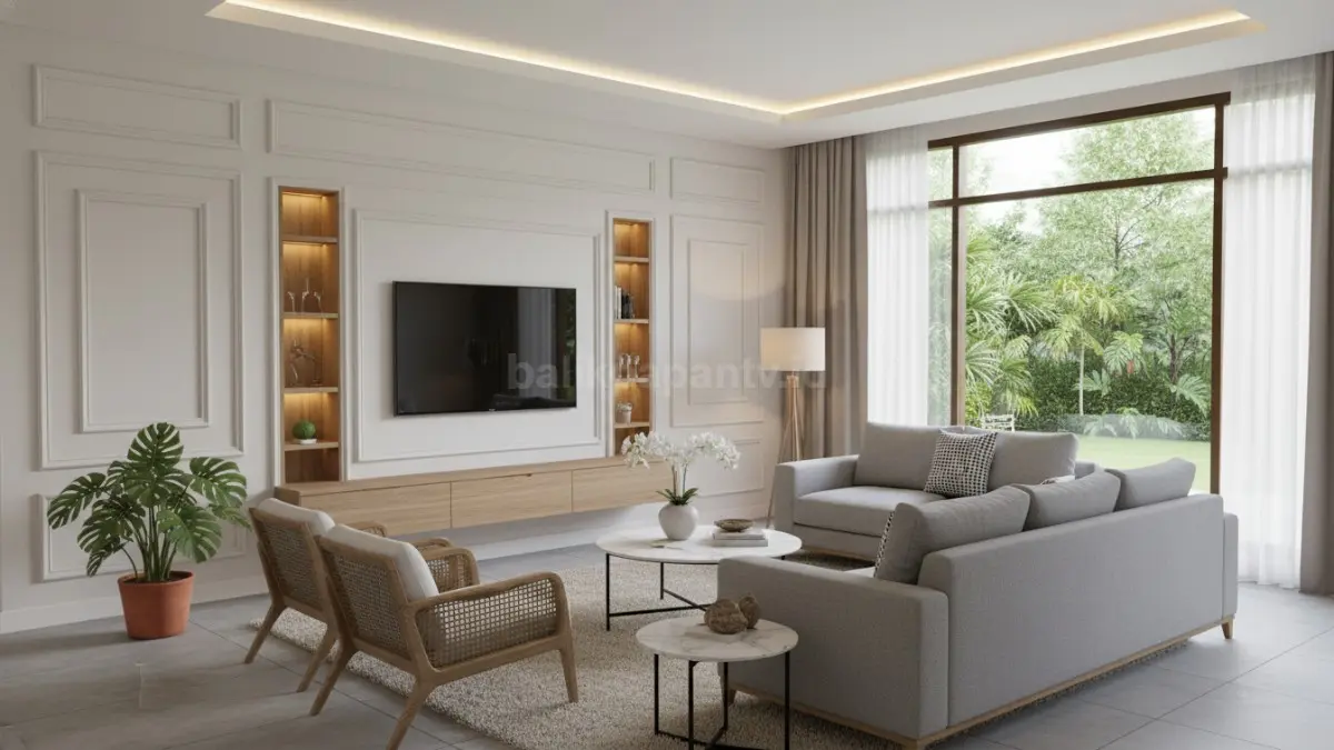 Wall moulding gypsum modern warna netral untuk ruang tamu minimalis rumah urban 2026. (BTV/Ai)