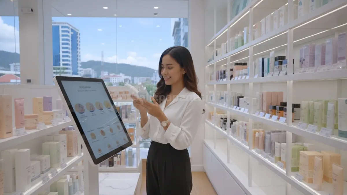 Aktivitas memilih skincare sesuai jenis kulit di ruang beauty store modern Balikpapan
