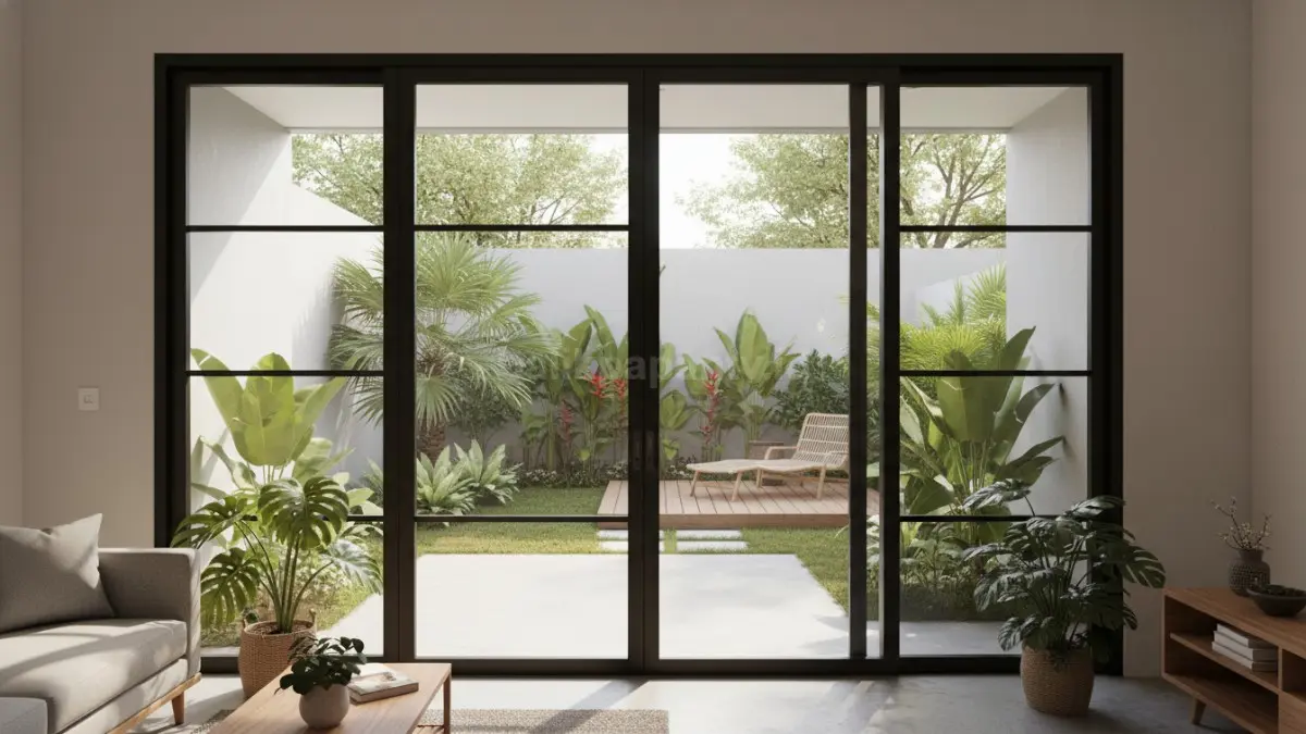 Area ruang keluarga rumah compact memakai pintu kaca aluminium geser modern. (BTV/Ai)