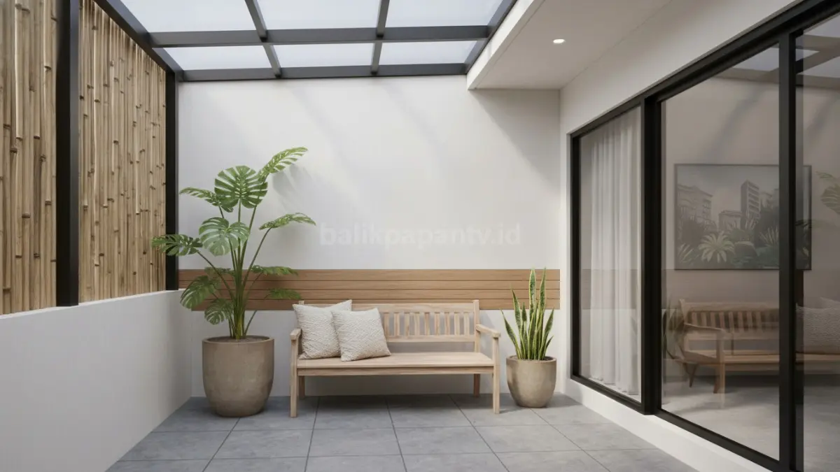 Area teras kecil rumah modern dengan bangku kayu dan tanaman minimalis estetik
