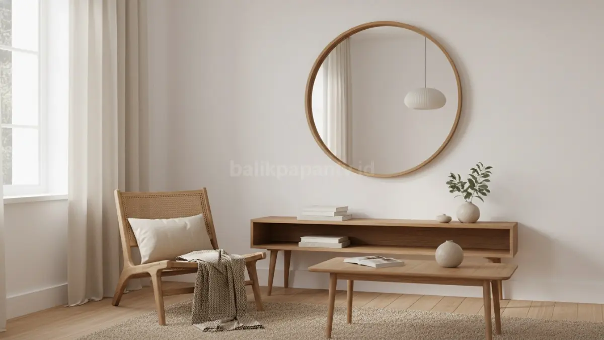 Cermin bulat frame kayu natural untuk suasana hangat (BTV/Ai)