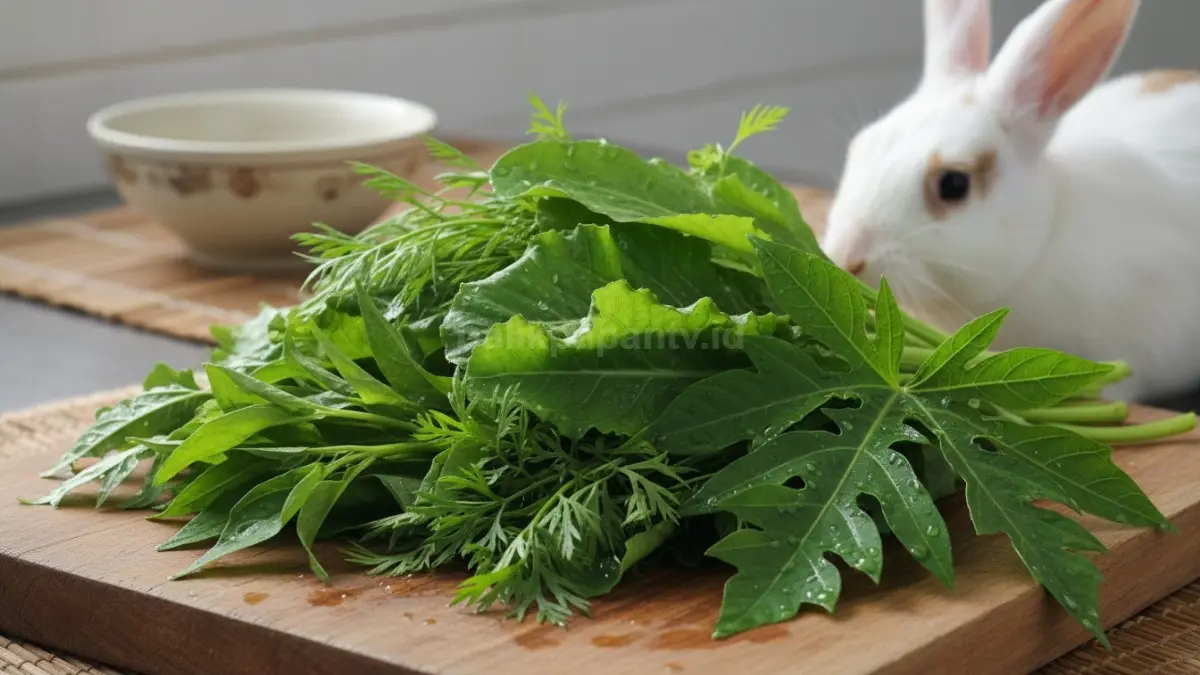 Daun hijau segar menambah nutrisi kelinci, tetapi pemberiannya harus bertahap dan selalu bersih.
