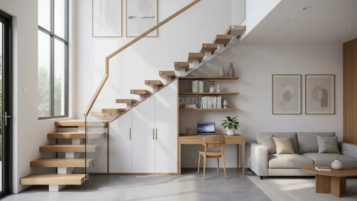 Desain tangga minimalis menyatu dengan ruang keluarga modern rumah urban masa kini. (BV/Ai)
