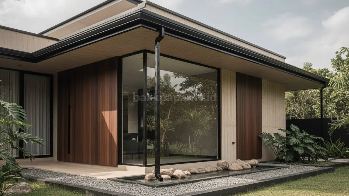 Detail talang air rumah modern pada hunian tropis saat hujan deras di Indonesia. (BTV/Ai)