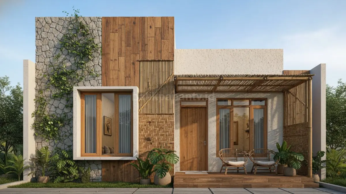 Dinding batu, bambu, dan kayu alami bikin rumah modern terasa adem, nyaman, kada kaku dipandang lama.