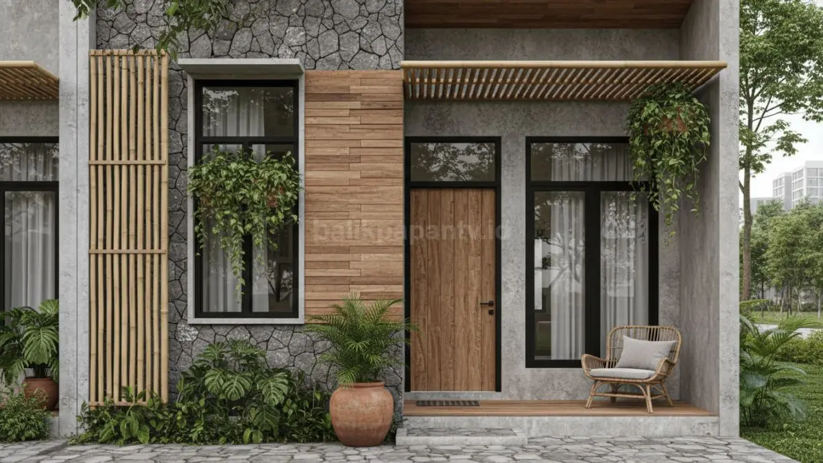 Dinding batu, kayu, dan bambu alami bikin rumah modern terasa adem, nyaman, kada kaku dipandang.