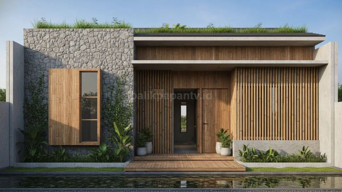 Dinding batu, kayu, dan bambu alami bikin rumah modern terasa adem, nyaman, kada kaku dipandang.