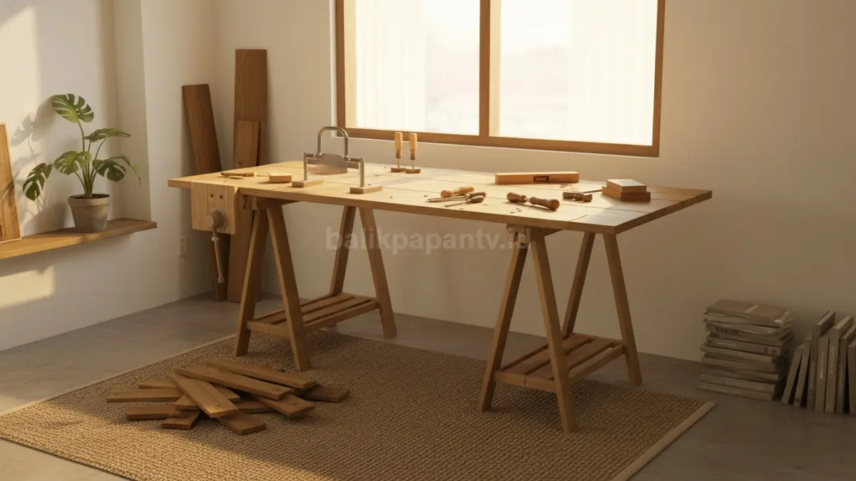 DIY meja dari kayu sisaan di ruang kerja minimalis rumah modern dengan nuansa hangat dan estetik
