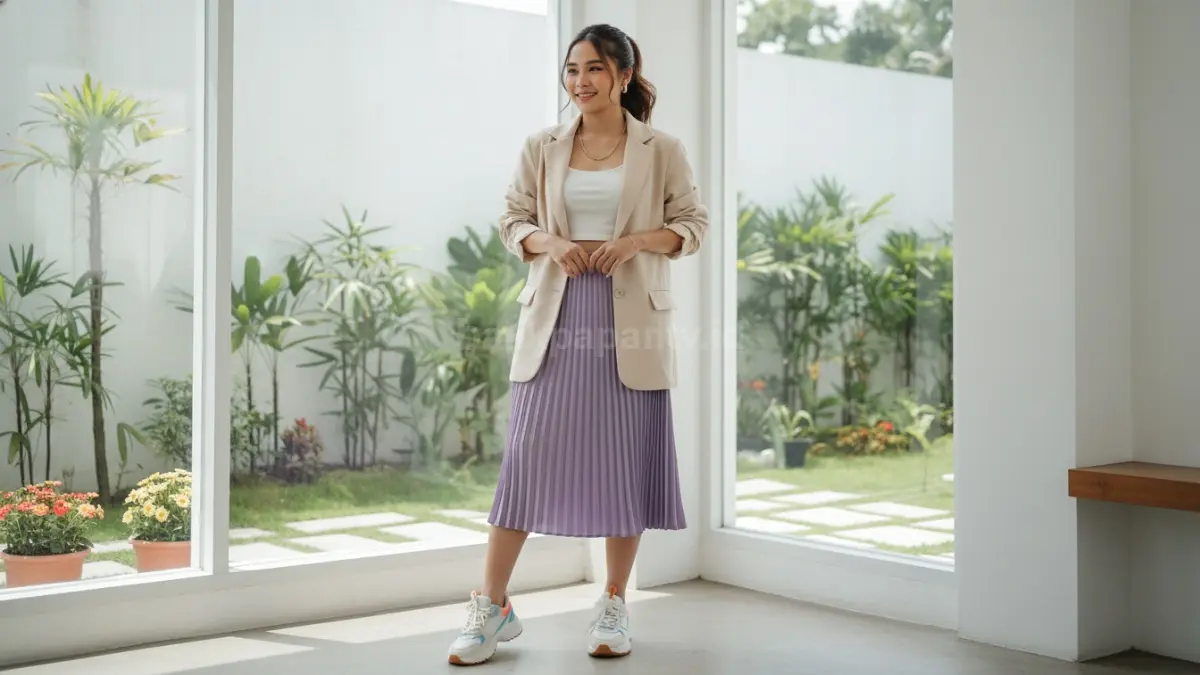 Fashion rok 2026 dengan kombinasi plisket, blazer, dan sneakers tampil modern untuk gaya harian chic
