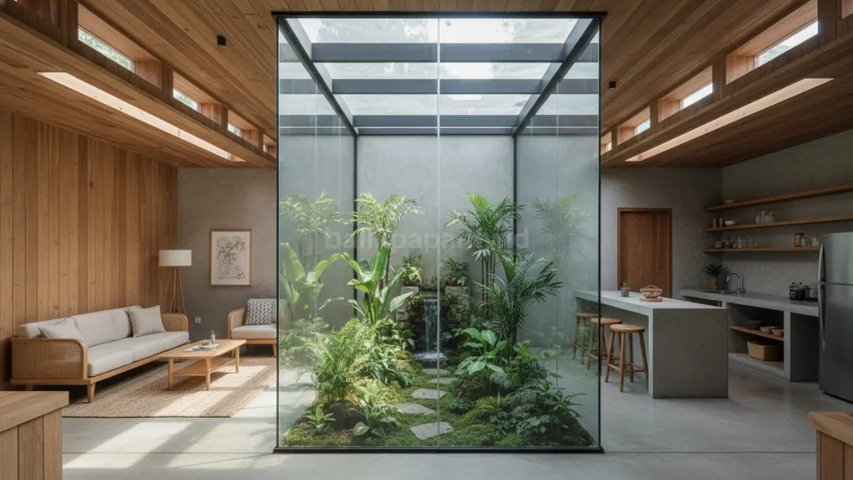 Inner garden tropis membantu sirkulasi udara, menghadirkan kesejukan alami, sekaligus mempercantik rumah lahan perkotaan sempit.