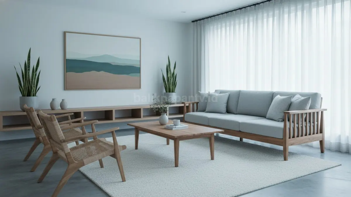 Inspirasi ruang tamu home decor minimalis dengan furnitur kayu dan cahaya alami yang adem dipandang
