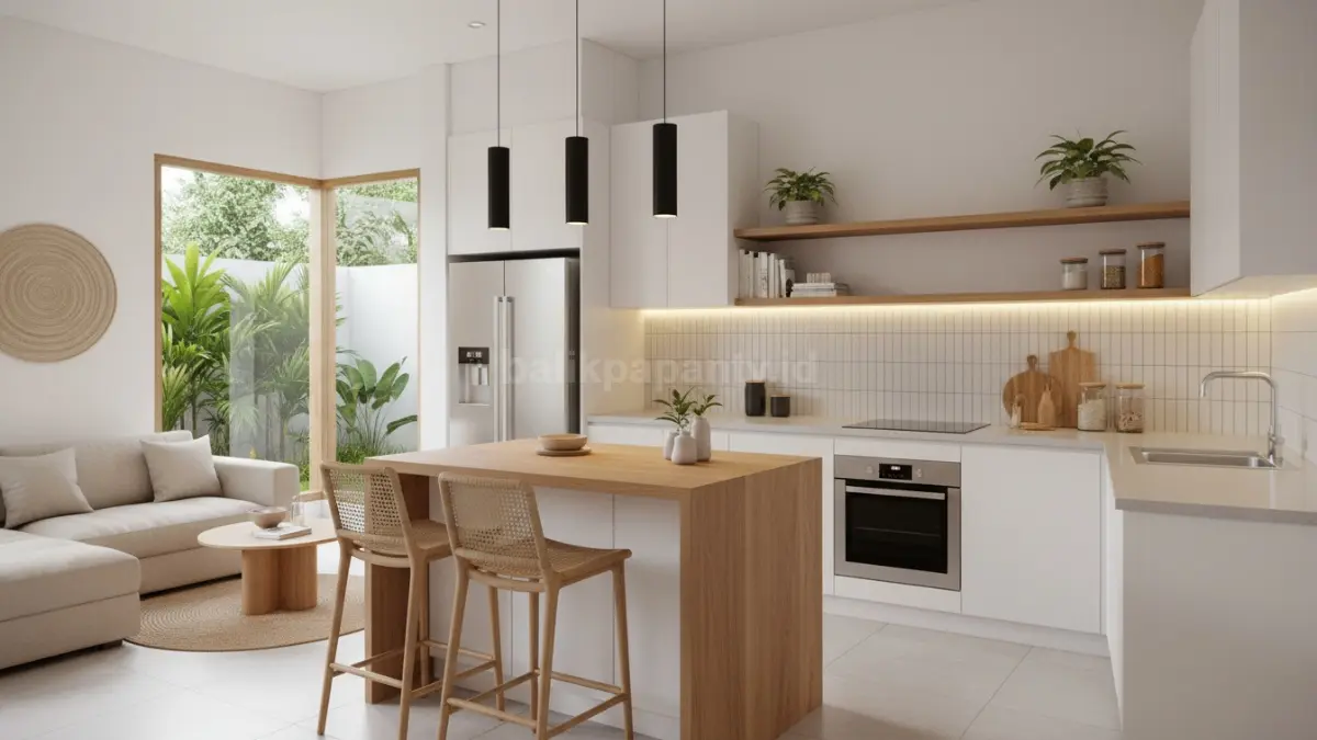 Interior dapur rumah modern yang menyatu dengan ruang makan minimalis. (BTV/Ai)