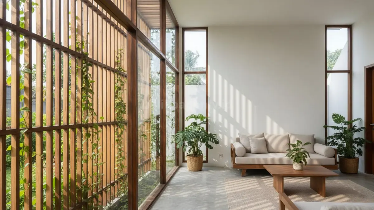 Jendela besar tropis modern hadirkan cahaya alami, ventilasi sehat, tanpa panas berlebihan dalam rumah perkotaan.