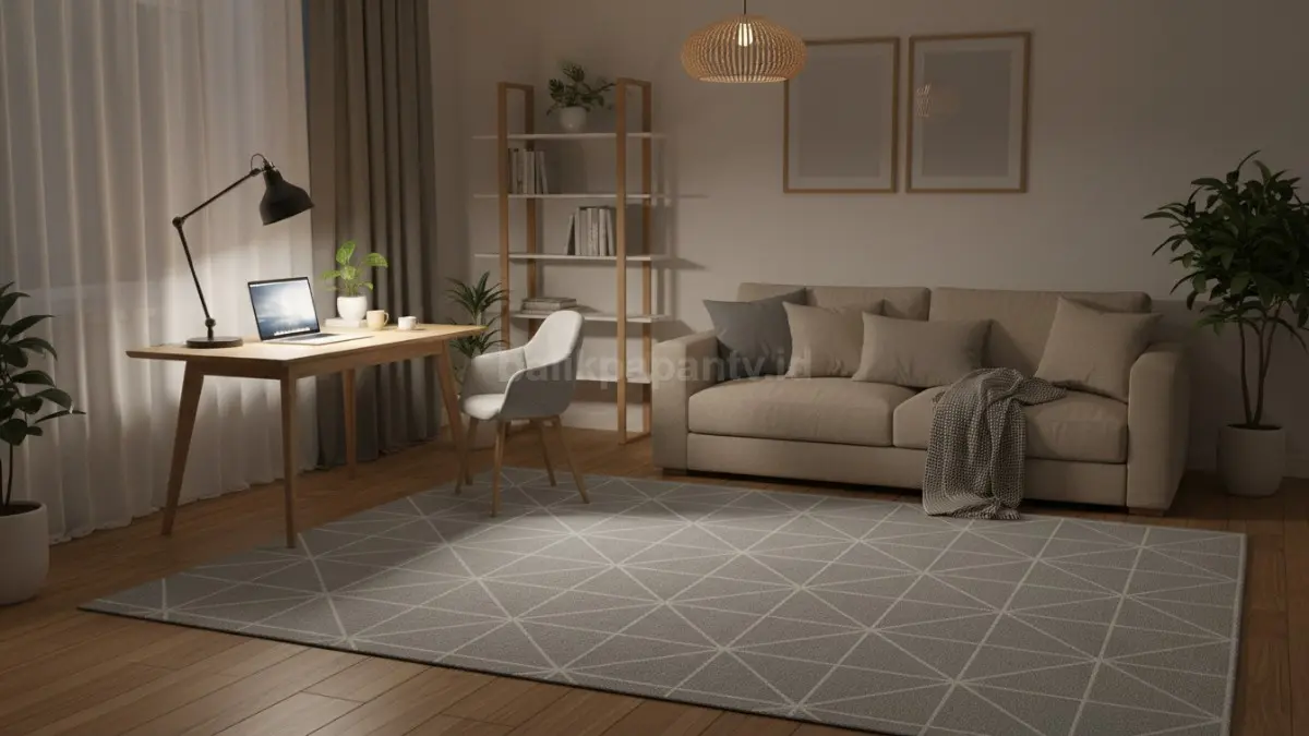 Karpet Abu Muda Pola Geometris Halus untuk Area Kerja Rumah (BTV/Ai)