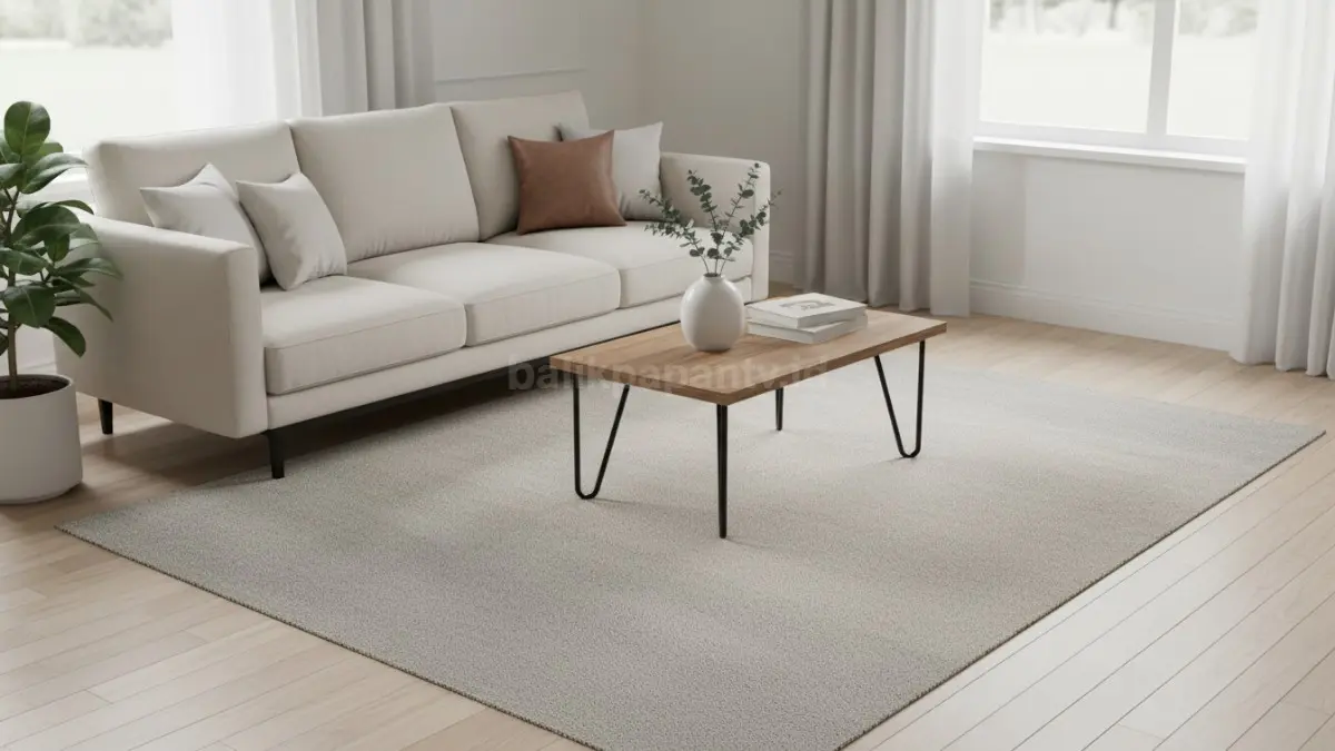 Karpet warna netral minimalis berpadu sofa modern bikin ruang tamu terasa adem dan rapi (BTV/Ai)