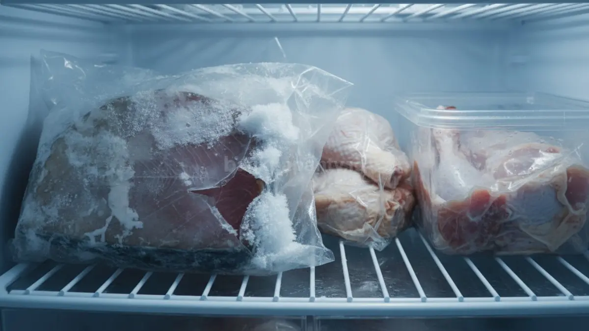 Kemasan tipis atau bocor memicu freezer burn, membuat makanan kering, berubah warna, dan kurang lezat.
