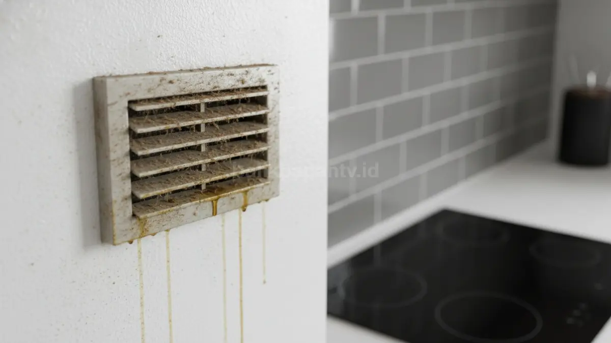 Kondisi ventilasi dapur berdebu dengan noda minyak tipis sebelum dibersihkan
